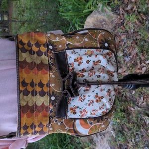 Lulu NYC Orange & Brown Floral Pattern Canvas Crossbody Bag w/ Canvas Strap Zip